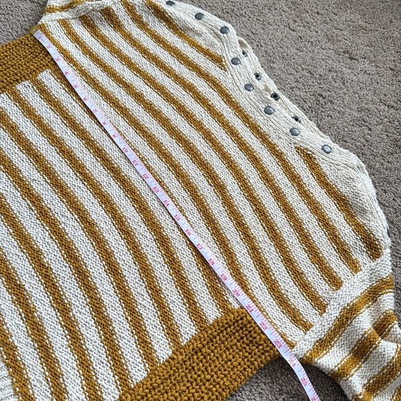 Moth by Anthropologie Mustard Yellow Cream Striped Button Boat Neck Sweater - Picture 4 of 8